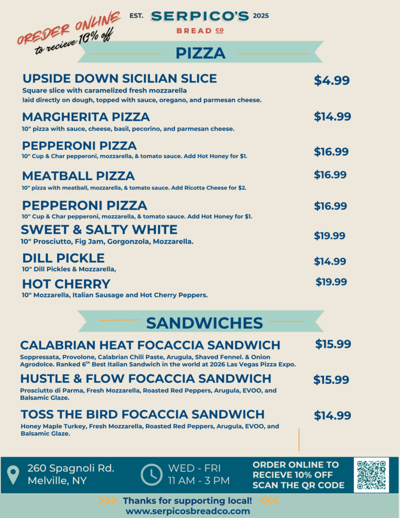 Menu page showing pizza selections at Serpico's Bread Co with items and prices (Upside Down Sicilian Slice, Margherita, Pepperoni, Meatball, etc.). Create-your-own sandwiches section partially visible.