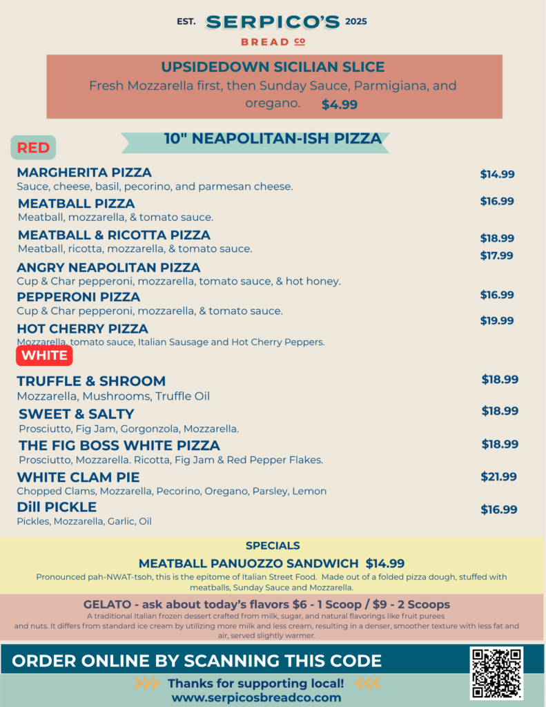 Pizza menu on a beige background listing pies with descriptions and prices to the right.