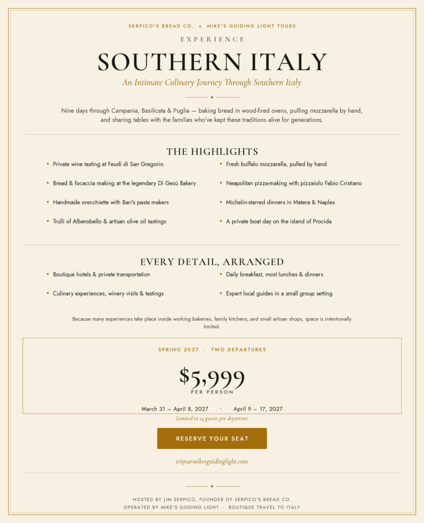 Promotional travel page header for a Southern Italy culinary tour with a Reserve Your Seat CTA and price per person shown